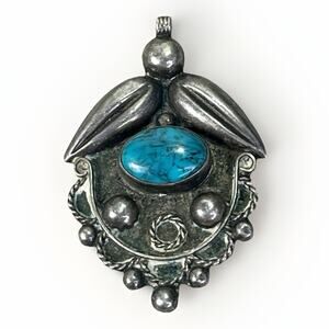 Vintage MEXICO Sterling Silver Turquoise Cabochon Pendant Floral Handmade 1.4”